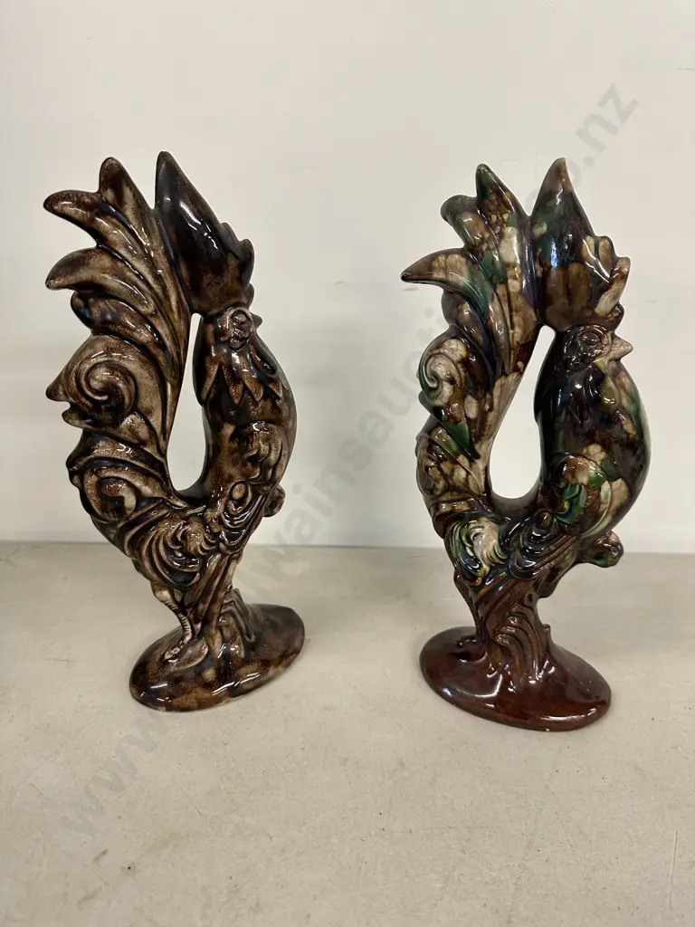 Vintage Green & Brown Roosters Signed Arnels H30cm. Image 1++